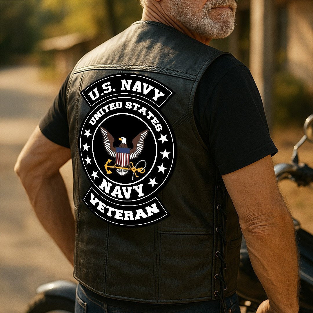 Premium Navy Veterans Custom Leather Motor Vest VPVC702102, Gifts For Navy Veteran, Gifts On Father's Day, Veterans Day.