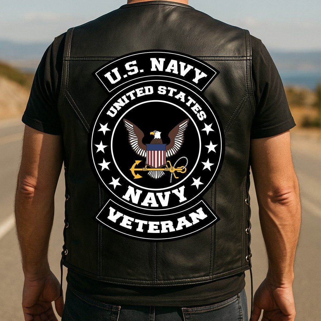 Premium Navy Veterans Custom Leather Motor Vest VPVC702102, Gifts For Navy Veteran, Gifts On Father's Day, Veterans Day.
