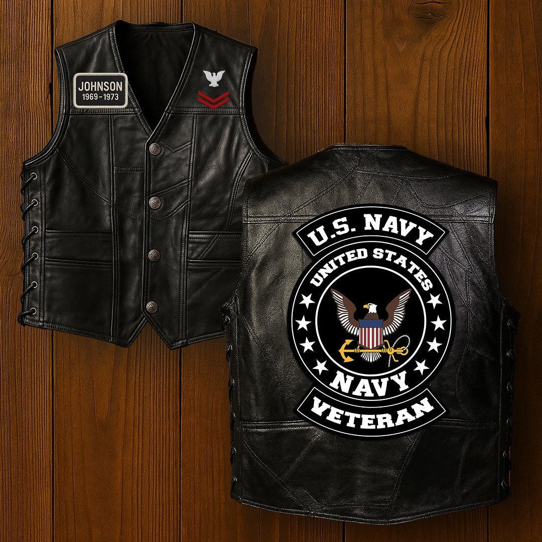 Premium Navy Veterans Custom Leather Motor Vest VPVC702102, Gifts For Navy Veteran, Gifts On Father's Day, Veterans Day.