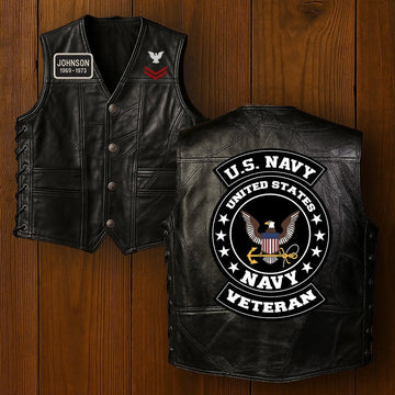 Premium Navy Veterans Custom Leather Motor Vest VPVC702102, Gifts For Navy Veteran, Gifts On Father's Day, Veterans Day.