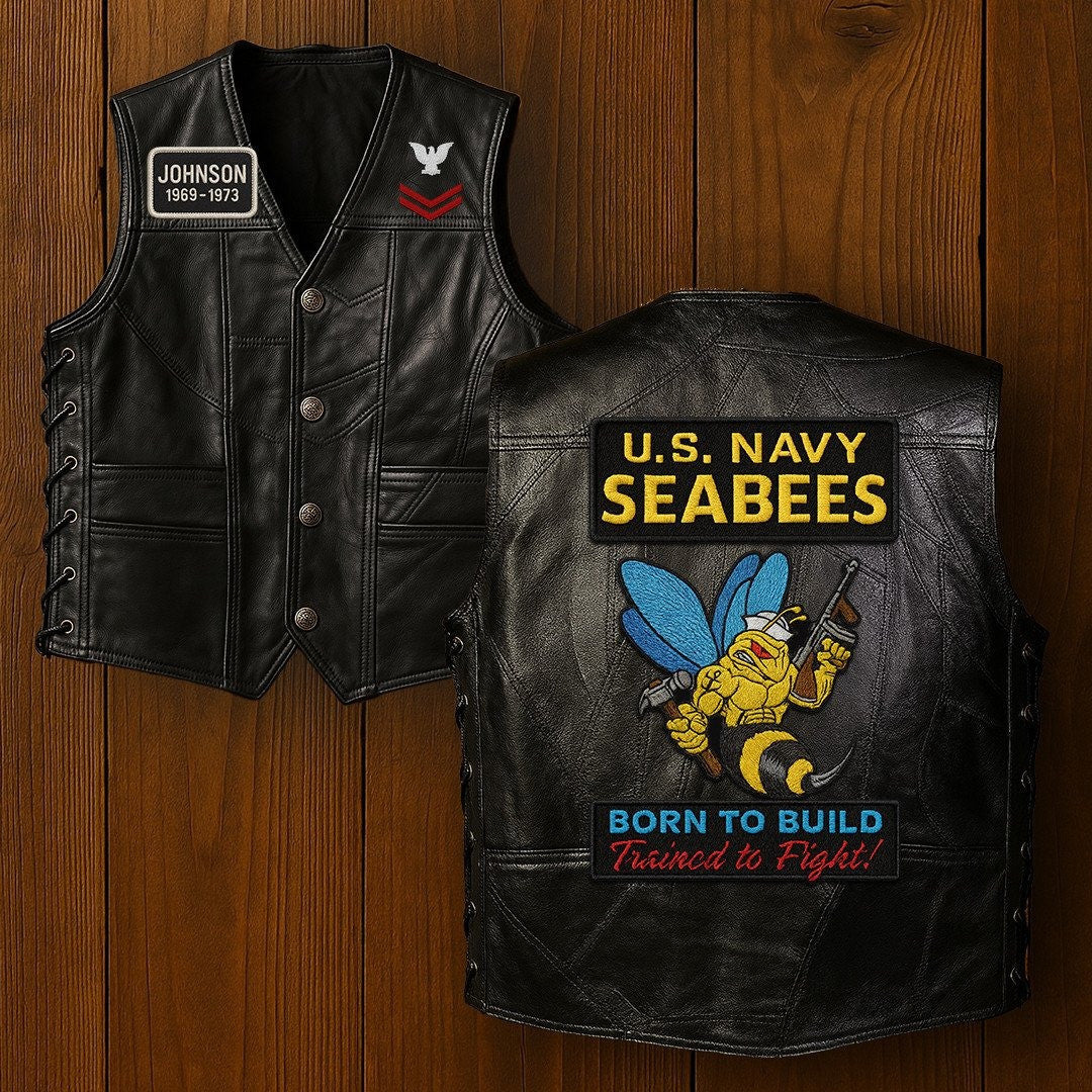 Premium US Seabees Veterans Custom Leather Motor Vest VPVC702106, Gifts For Seabees Veteran, Gifts On Father's Day, Veterans Day.