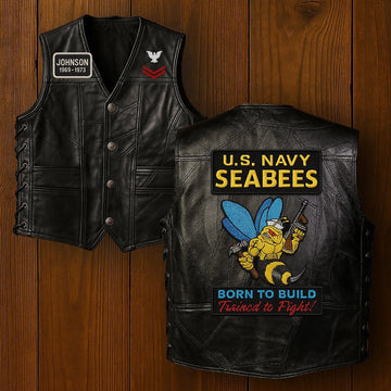 Premium US Seabees Veterans Custom Leather Motor Vest VPVC702106, Gifts For Seabees Veteran, Gifts On Father's Day, Veterans Day.