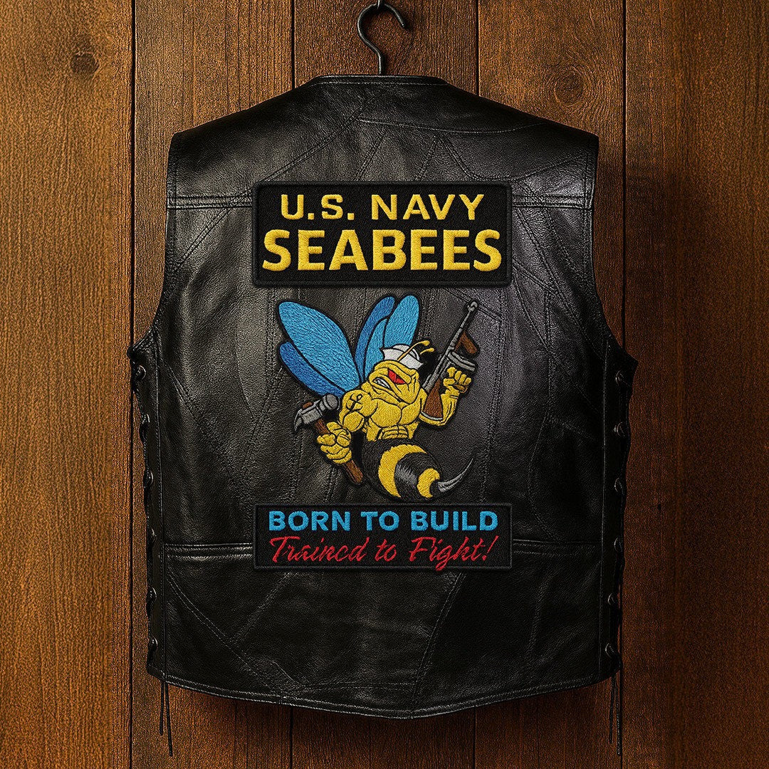 Premium US Seabees Veterans Custom Leather Motor Vest VPVC702106, Gifts For Seabees Veteran, Gifts On Father's Day, Veterans Day.