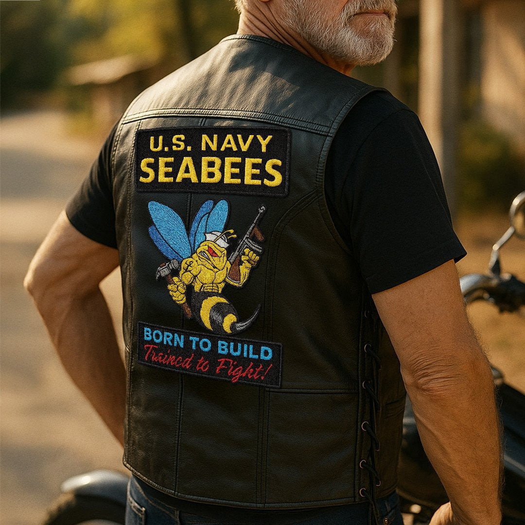 Premium US Seabees Veterans Custom Leather Motor Vest VPVC702106, Gifts For Seabees Veteran, Gifts On Father's Day, Veterans Day.