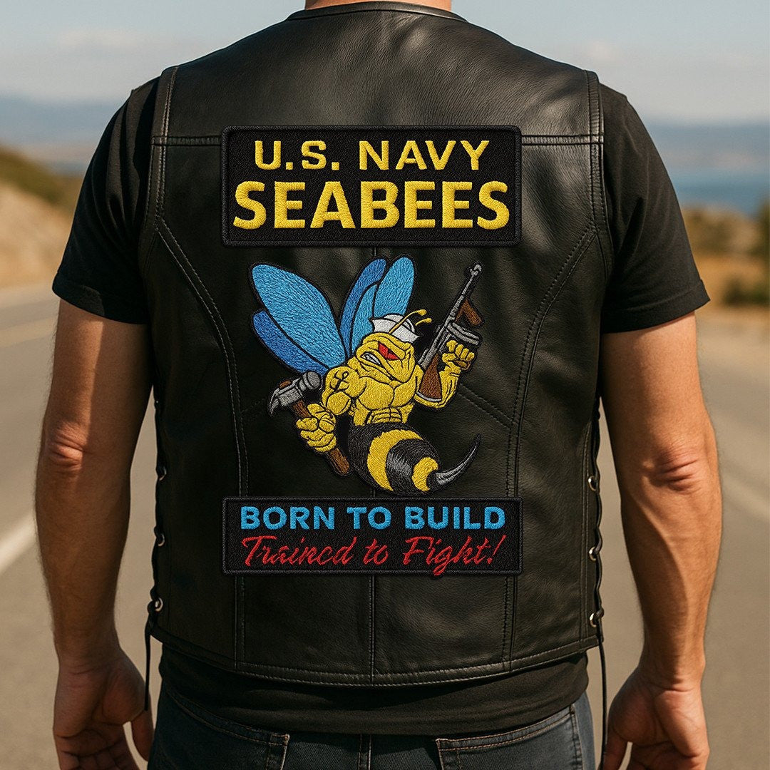 Premium US Seabees Veterans Custom Leather Motor Vest VPVC702106, Gifts For Seabees Veteran, Gifts On Father's Day, Veterans Day.