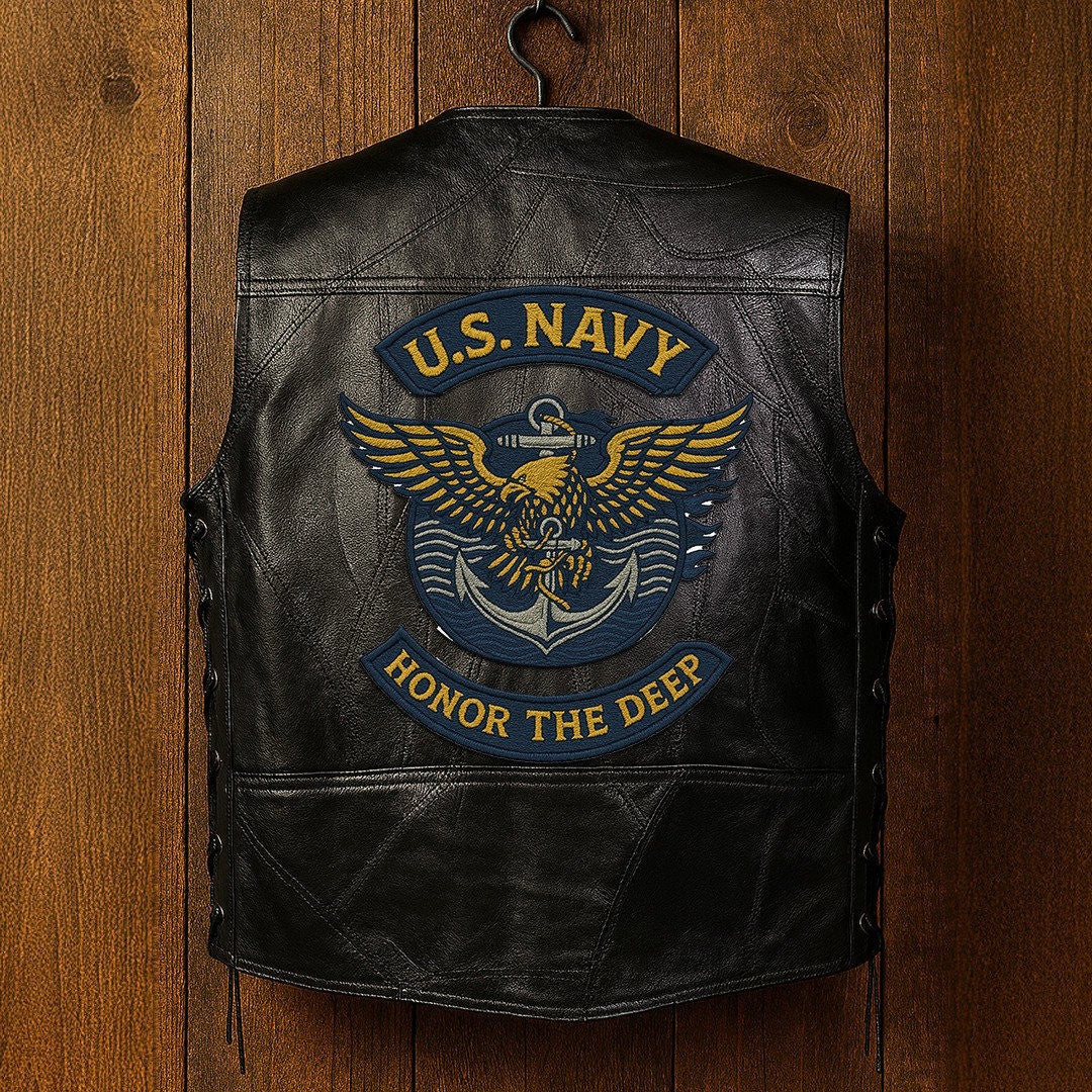 Premium US Navy Veterans Custom Leather Motor Vest VPVC702122, Gifts For Navy Veteran, Gifts On Father's Day, Veterans Day.