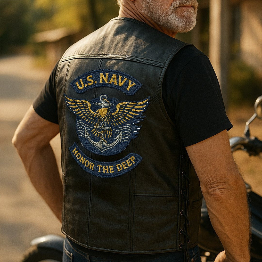 Premium US Navy Veterans Custom Leather Motor Vest VPVC702122, Gifts For Navy Veteran, Gifts On Father's Day, Veterans Day.