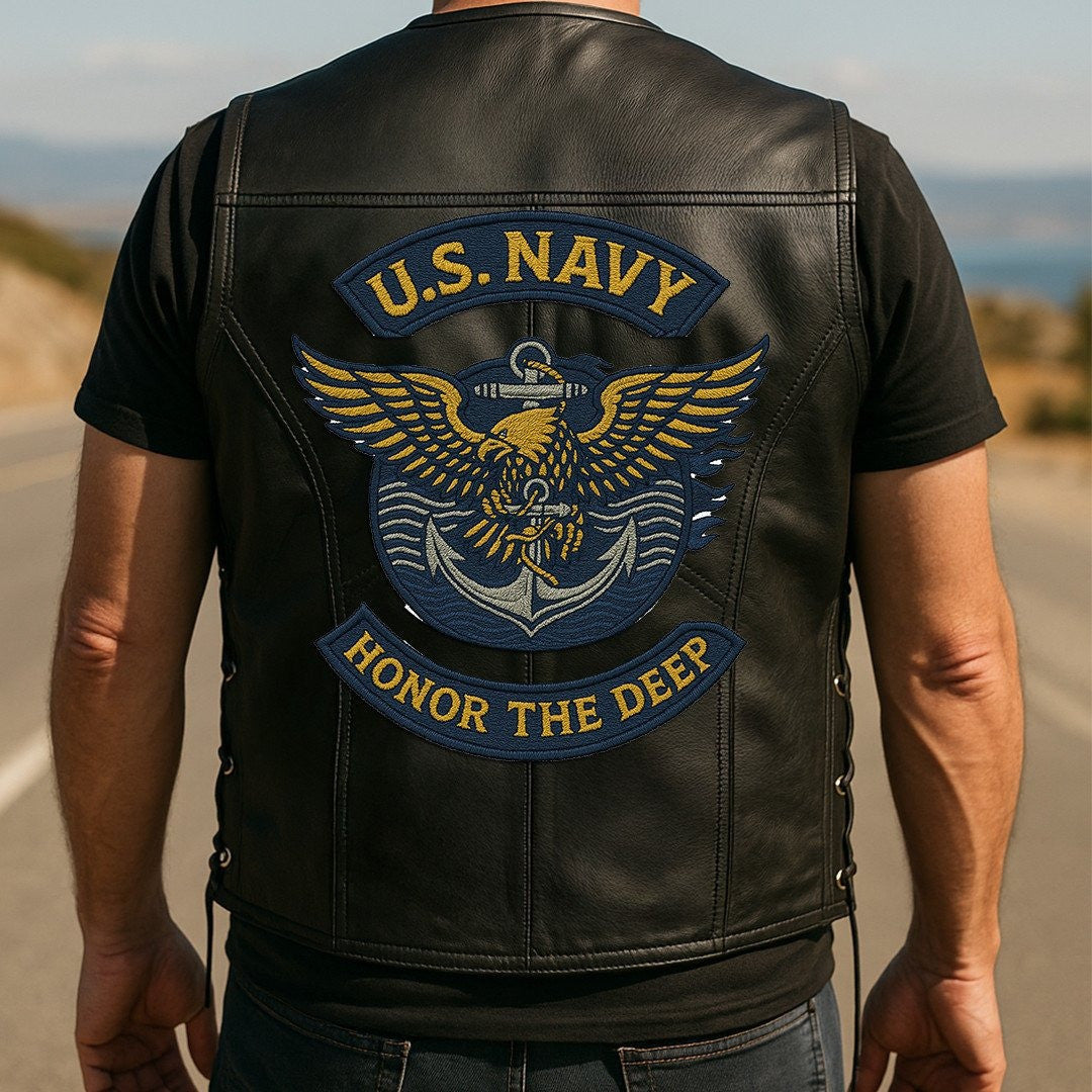 Premium US Navy Veterans Custom Leather Motor Vest VPVC702122, Gifts For Navy Veteran, Gifts On Father's Day, Veterans Day.
