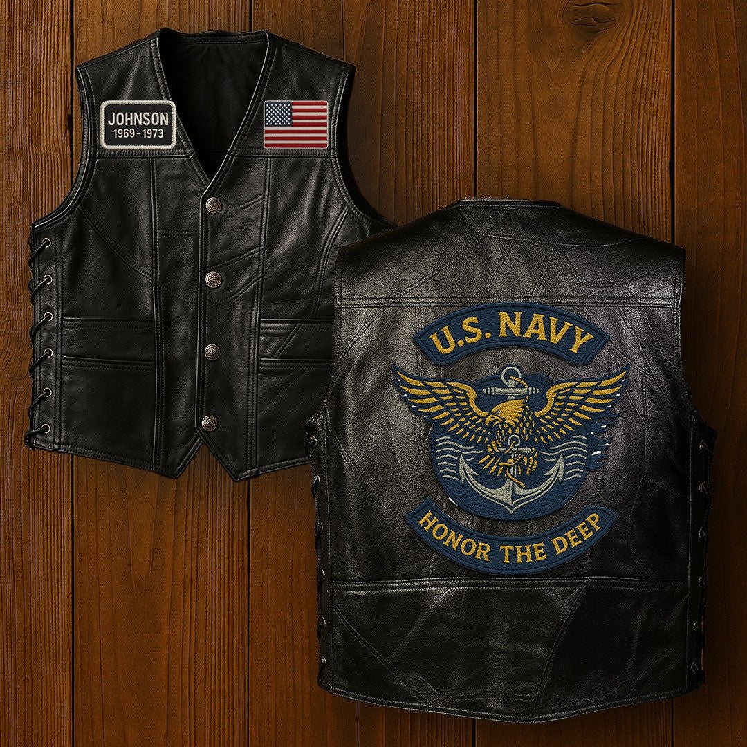 Premium US Navy Veterans Custom Leather Motor Vest VPVC702122, Gifts For Navy Veteran, Gifts On Father's Day, Veterans Day.