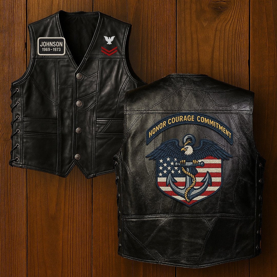 Premium US Navy Veterans Custom Leather Motor Vest VPVC702131, Gifts For Navy Veteran, Gifts On Father's Day, Veterans Day.