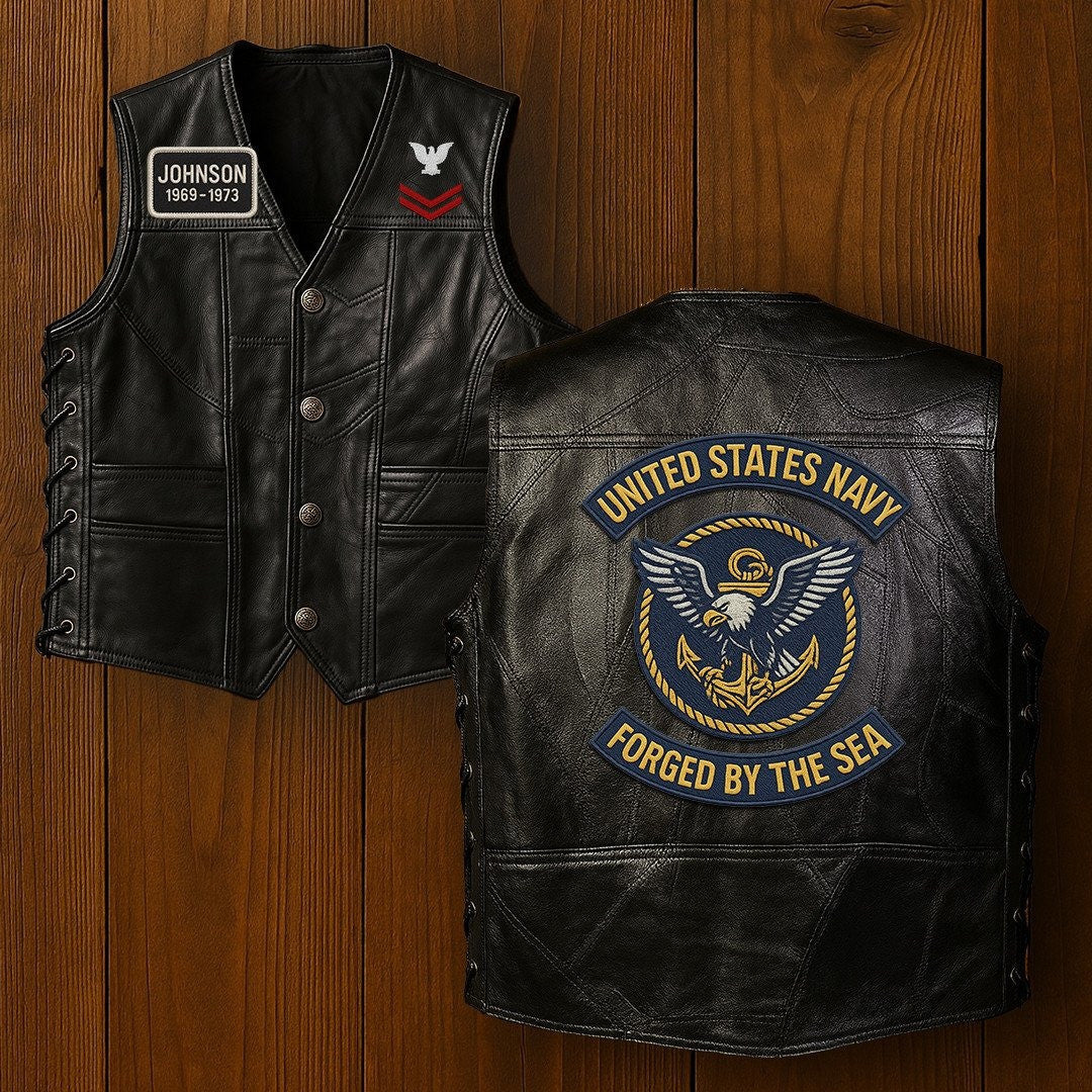 Premium US Navy Veterans Custom Leather Motor Vest VPVC702132, Gifts For Navy Veteran, Gifts On Father's Day, Veterans Day.