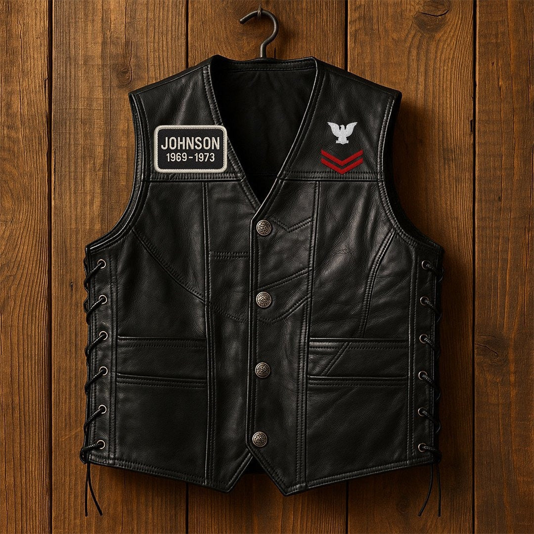 Premium US Navy Veterans Custom Leather Motor Vest VPVC702134, Gifts For Navy Veteran, Gifts On Father's Day, Veterans Day.