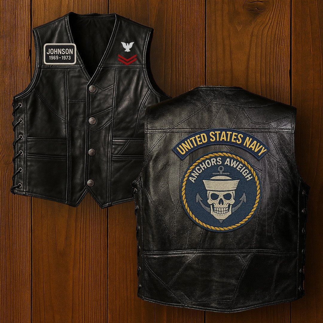Premium US Navy Veterans Custom Leather Motor Vest VPVC702134, Gifts For Navy Veteran, Gifts On Father's Day, Veterans Day.