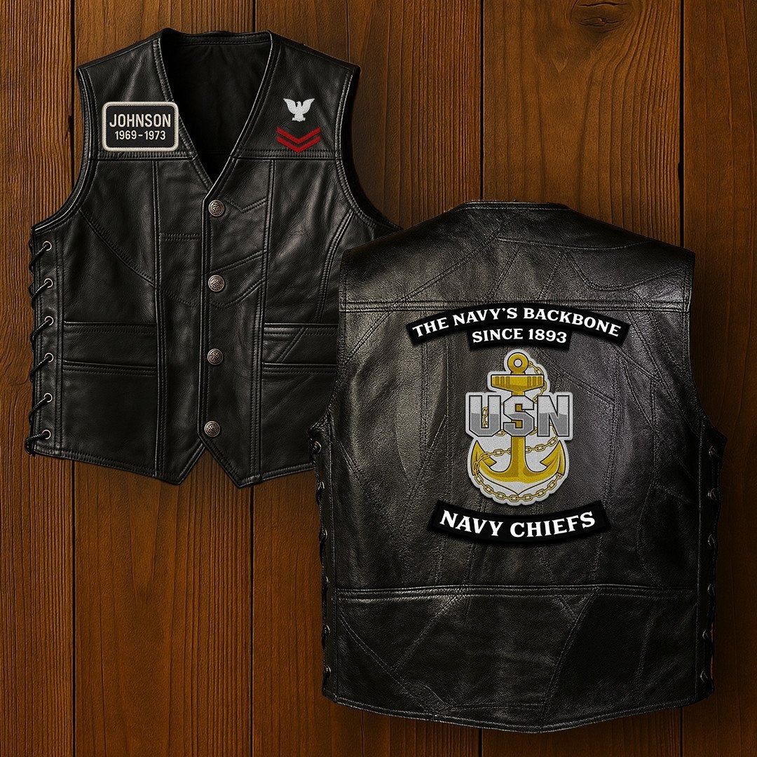 Premium US Navy Veterans Custom Leather Motor Vest VPVC702139, Gifts For US Veteran, Gifts On Father's Day, Veterans Day.