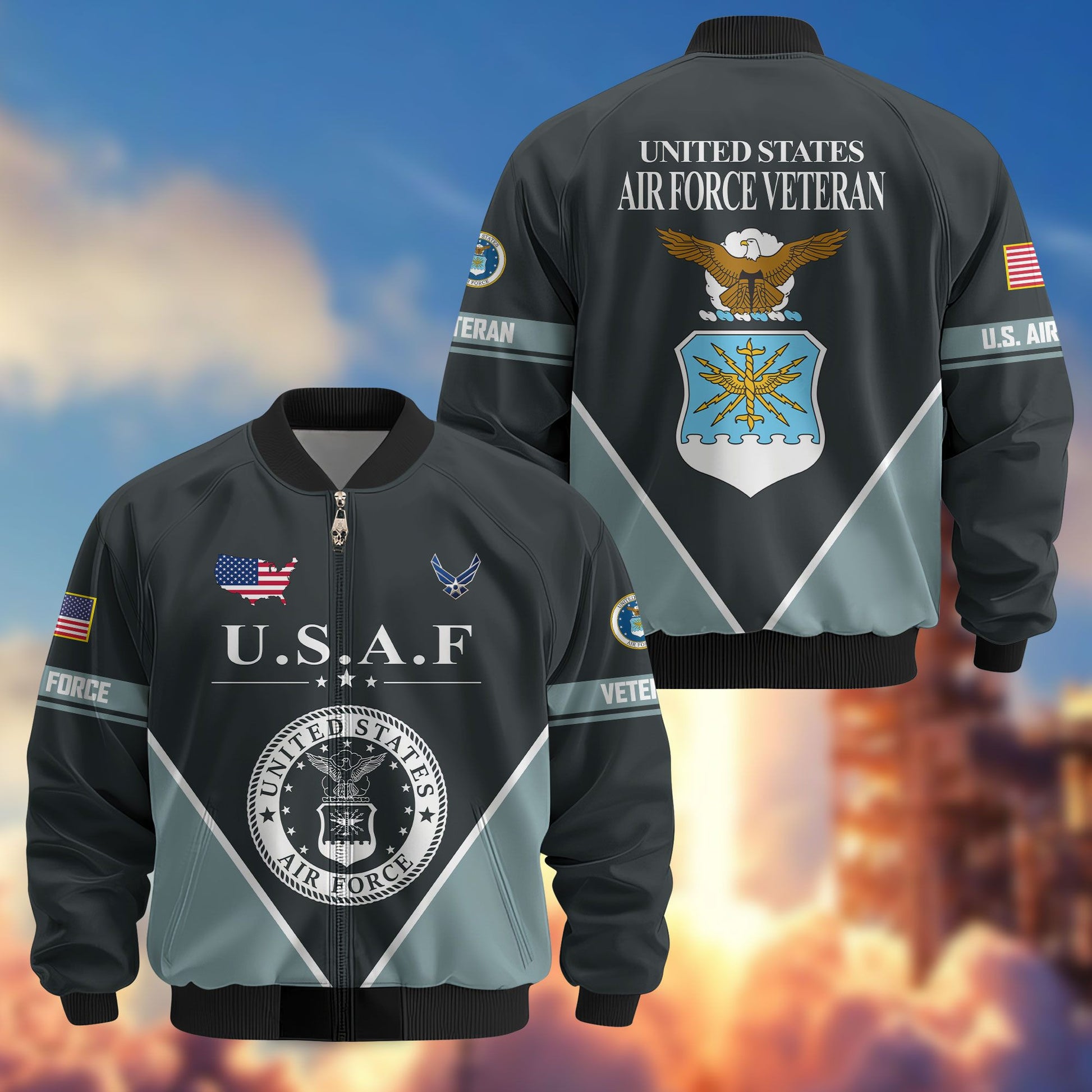 Premium US Veterans Bomber Jacket ATTN090922, Gifts For US Veterans, Gifts On Father's Day, Veterans Day.