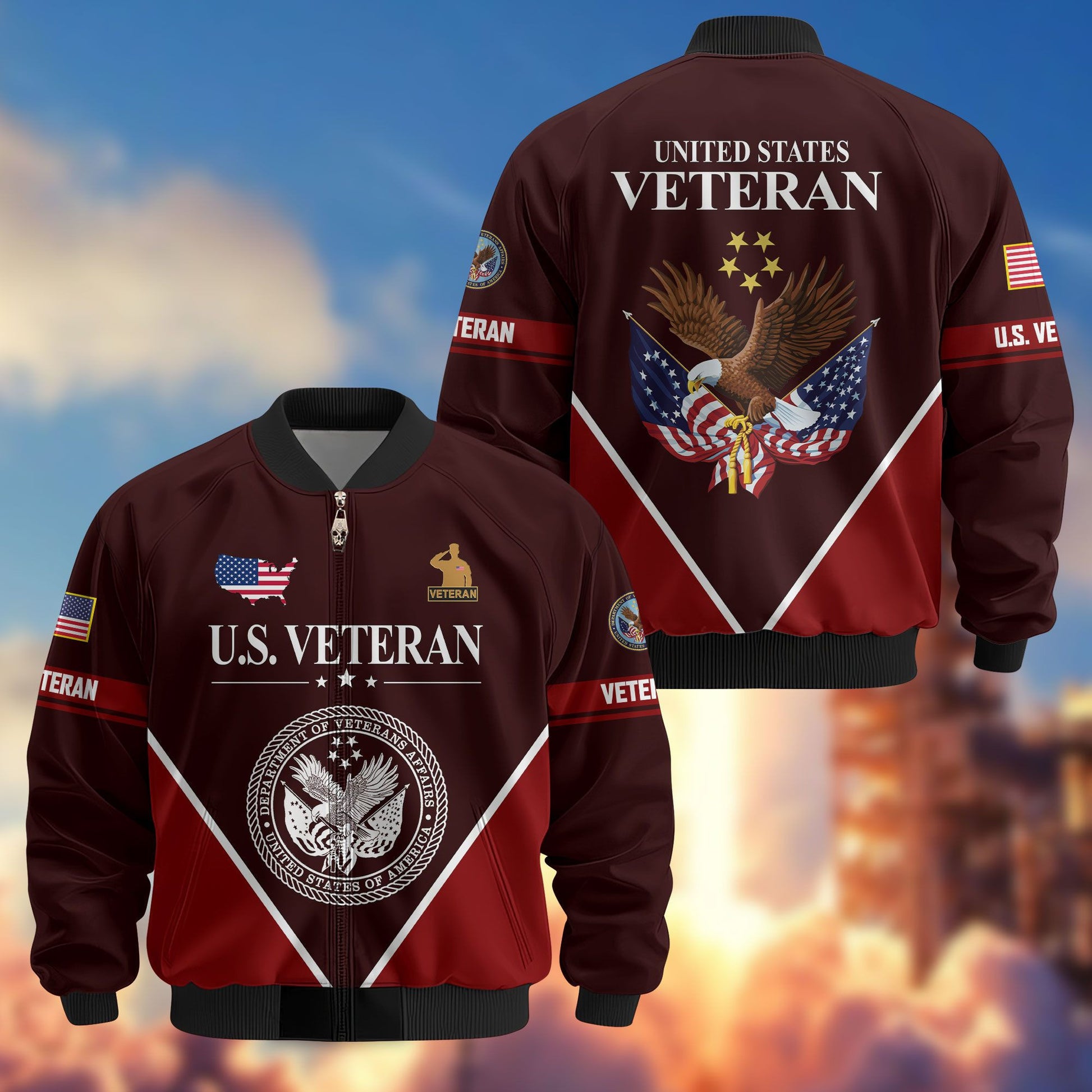 Premium US Veterans Bomber Jacket ATTN090922, Gifts For US Veterans, Gifts On Father's Day, Veterans Day.