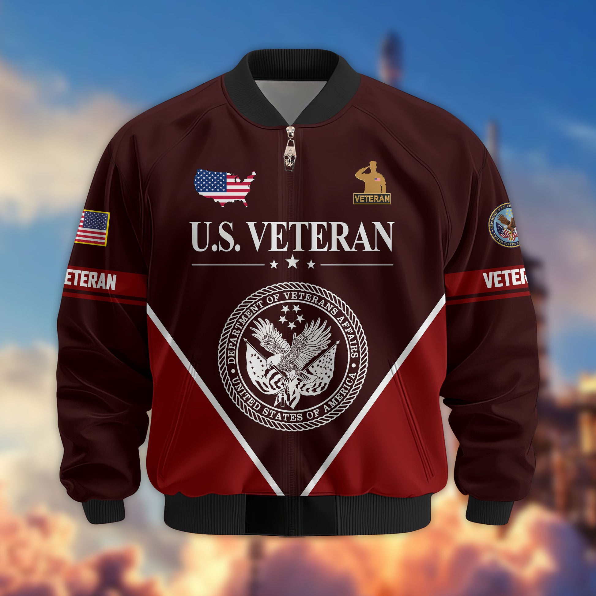 Premium US Veterans Bomber Jacket ATTN090922, Gifts For US Veterans, Gifts On Father's Day, Veterans Day.