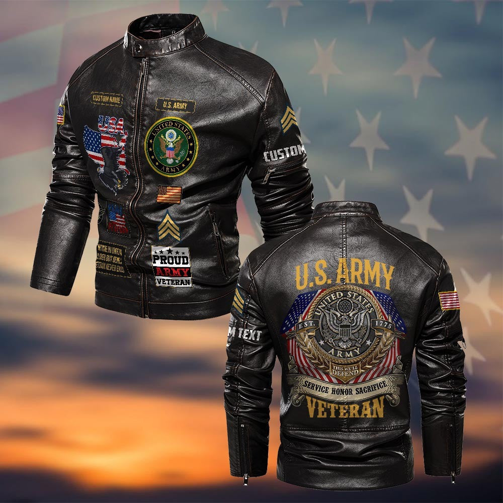 Premium Custom US Army Veteran Leather Jacket VPVC702317, Gifts For Army Veteran, Gifts On Father's Day, Veterans Day.